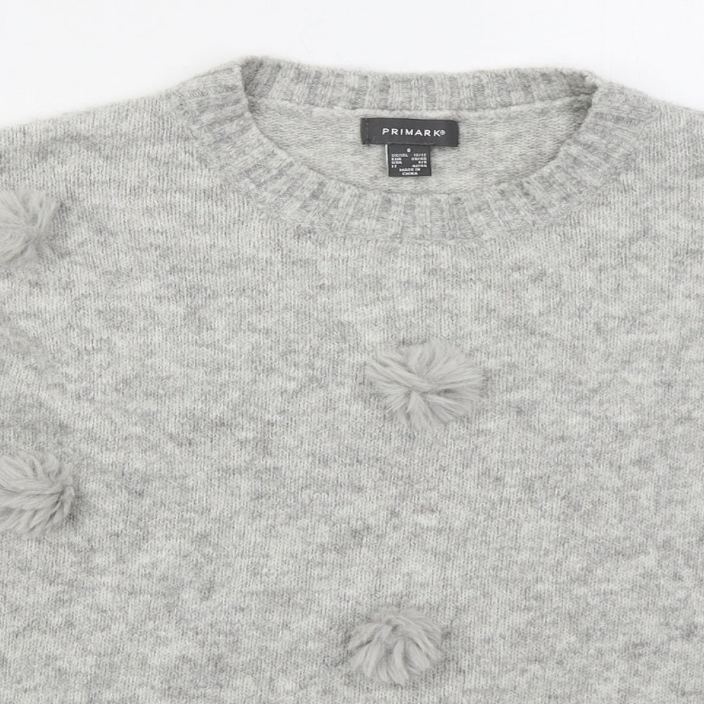 Primark Womens Grey Crew Neck  Acrylic Pullover Jumper Size 10   - Pom Pom
