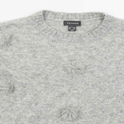 Primark Womens Grey Crew Neck  Acrylic Pullover Jumper Size 10   - Pom Pom