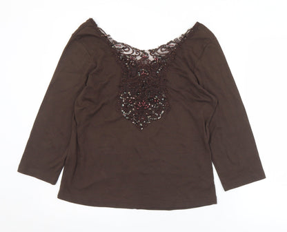 Joanna Hope Womens Brown  Cotton Basic T-Shirt Size 14 Scoop Neck - Sequin detail