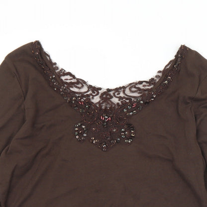 Joanna Hope Womens Brown  Cotton Basic T-Shirt Size 14 Scoop Neck - Sequin detail