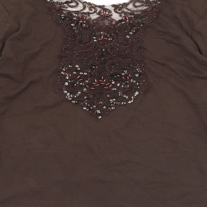 Joanna Hope Womens Brown  Cotton Basic T-Shirt Size 14 Scoop Neck - Sequin detail