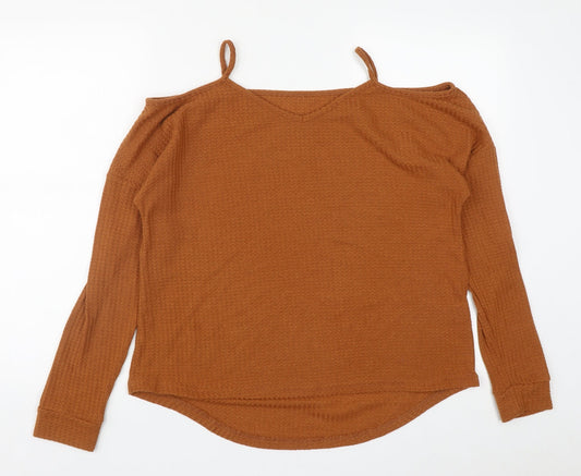 SheIn Womens Brown  Viscose Basic Blouse Size L V-Neck