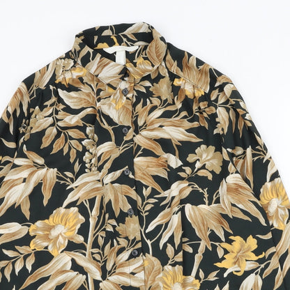 H&M Womens Black Floral Polyester Basic Button-Up Size 6 Collared