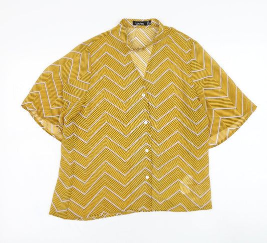Boohoo Womens Yellow Striped Polyester Basic Blouse Size 6 V-Neck