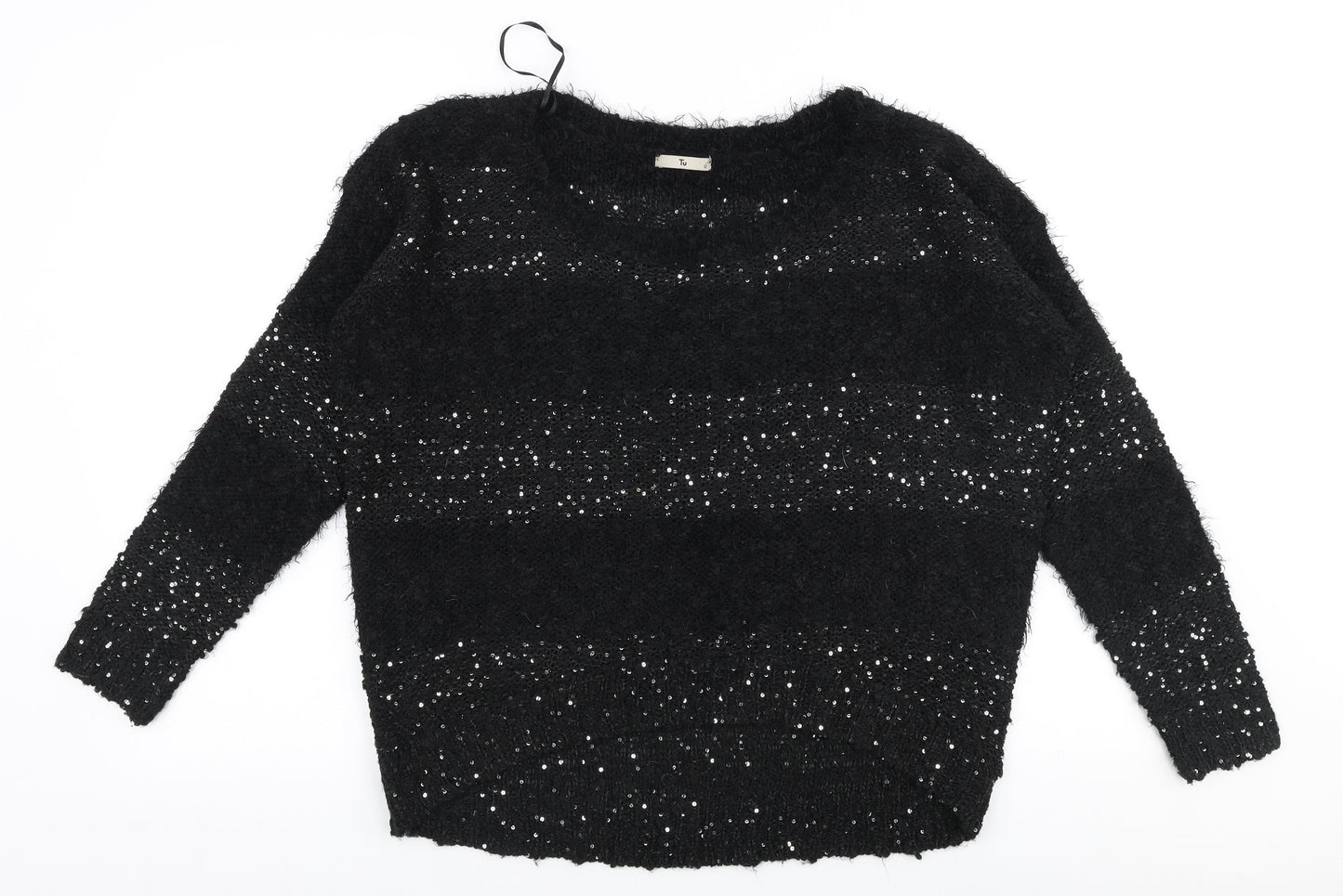 TU Womens Black Round Neck  Acrylic Pullover Jumper Size 12