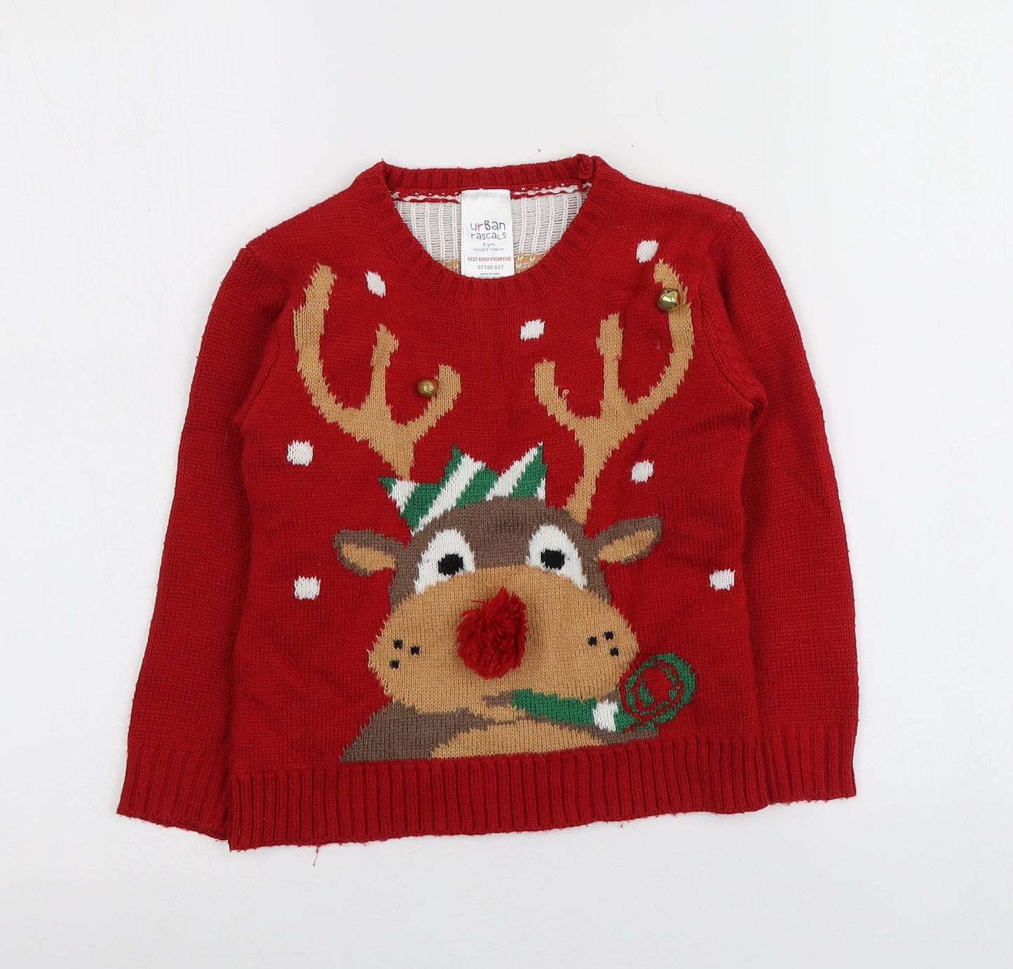 Urban rascals Boys Red Round Neck Geometric Acrylic Pullover Jumper Size 4 Years   - Santa Jumper