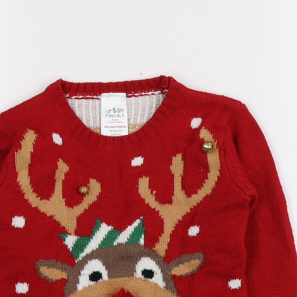Urban rascals Boys Red Round Neck Geometric Acrylic Pullover Jumper Size 4 Years   - Santa Jumper