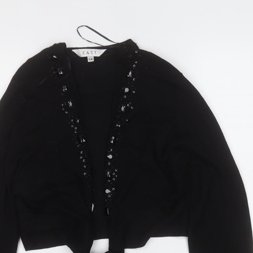 EAST Womens Black V-Neck Geometric Viscose Cardigan Jumper Size 14