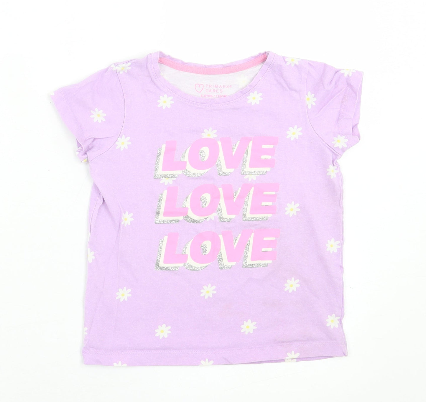 Primark Girls Purple Floral Cotton Basic T-Shirt Size 5 Years Crew Neck Pullover