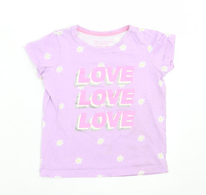 Primark Girls Purple Floral Cotton Basic T-Shirt Size 5 Years Crew Neck Pullover