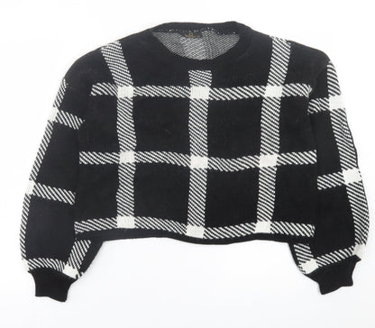 JENERIQUE Womens Black Crew Neck Check Acrylic Pullover Jumper Size L