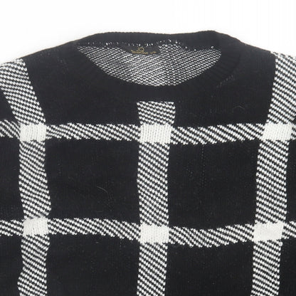 JENERIQUE Womens Black Crew Neck Check Acrylic Pullover Jumper Size L