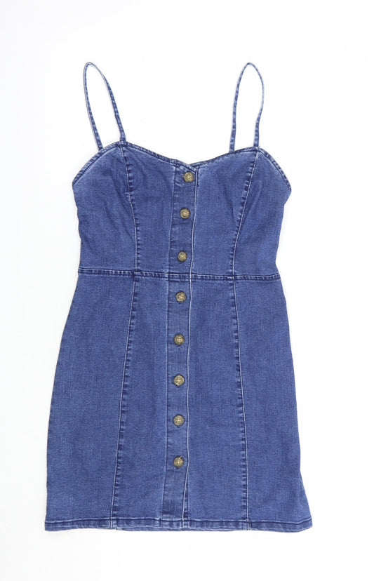 Denim Co. Womens Blue  Cotton Pinafore/Dungaree Dress  Size 8  Sweetheart Button