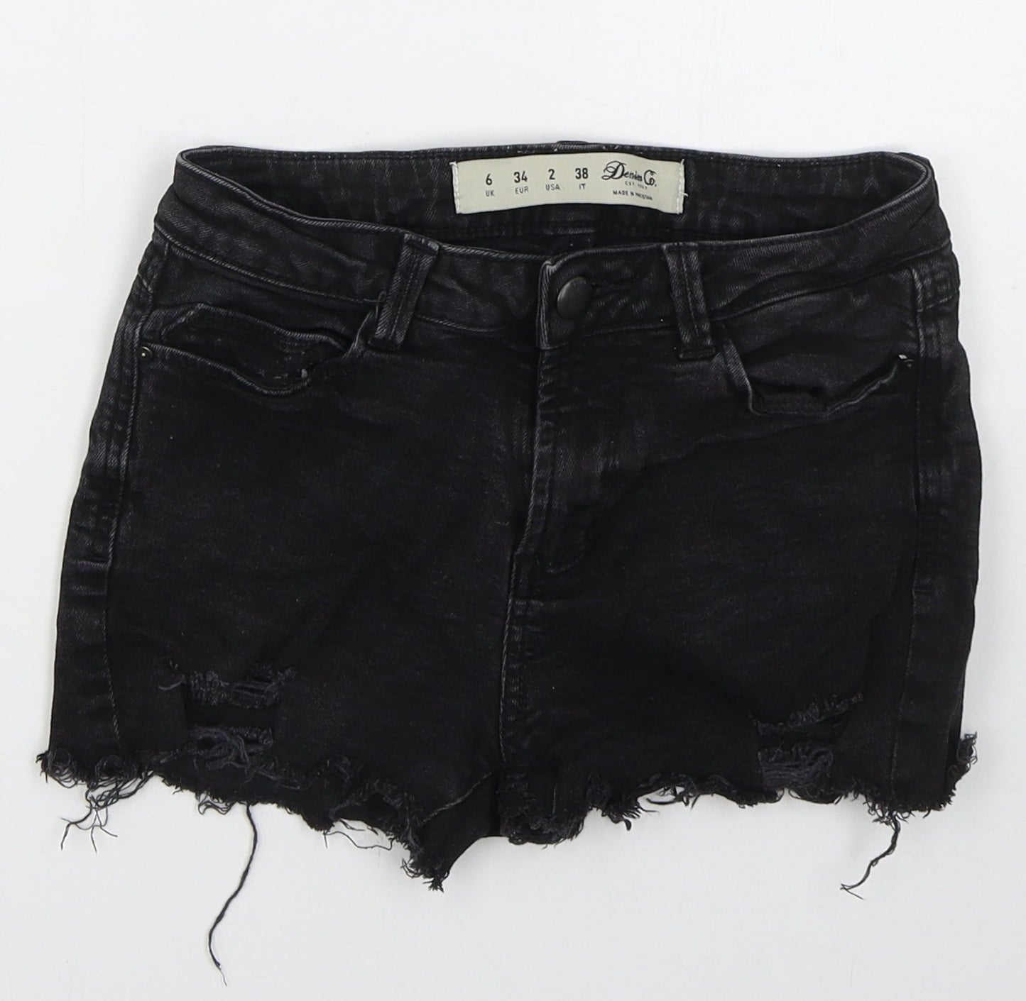 Denim Co Womens Black  Cotton Hot Pants Shorts Size 6  Regular Button - Distressed Look