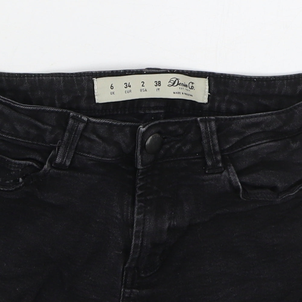 Denim Co Womens Black  Cotton Hot Pants Shorts Size 6  Regular Button - Distressed Look