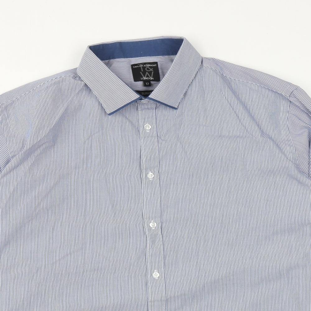 Taylor & Wright Mens Blue Striped Cotton  Button-Up Size 17 Collared Button