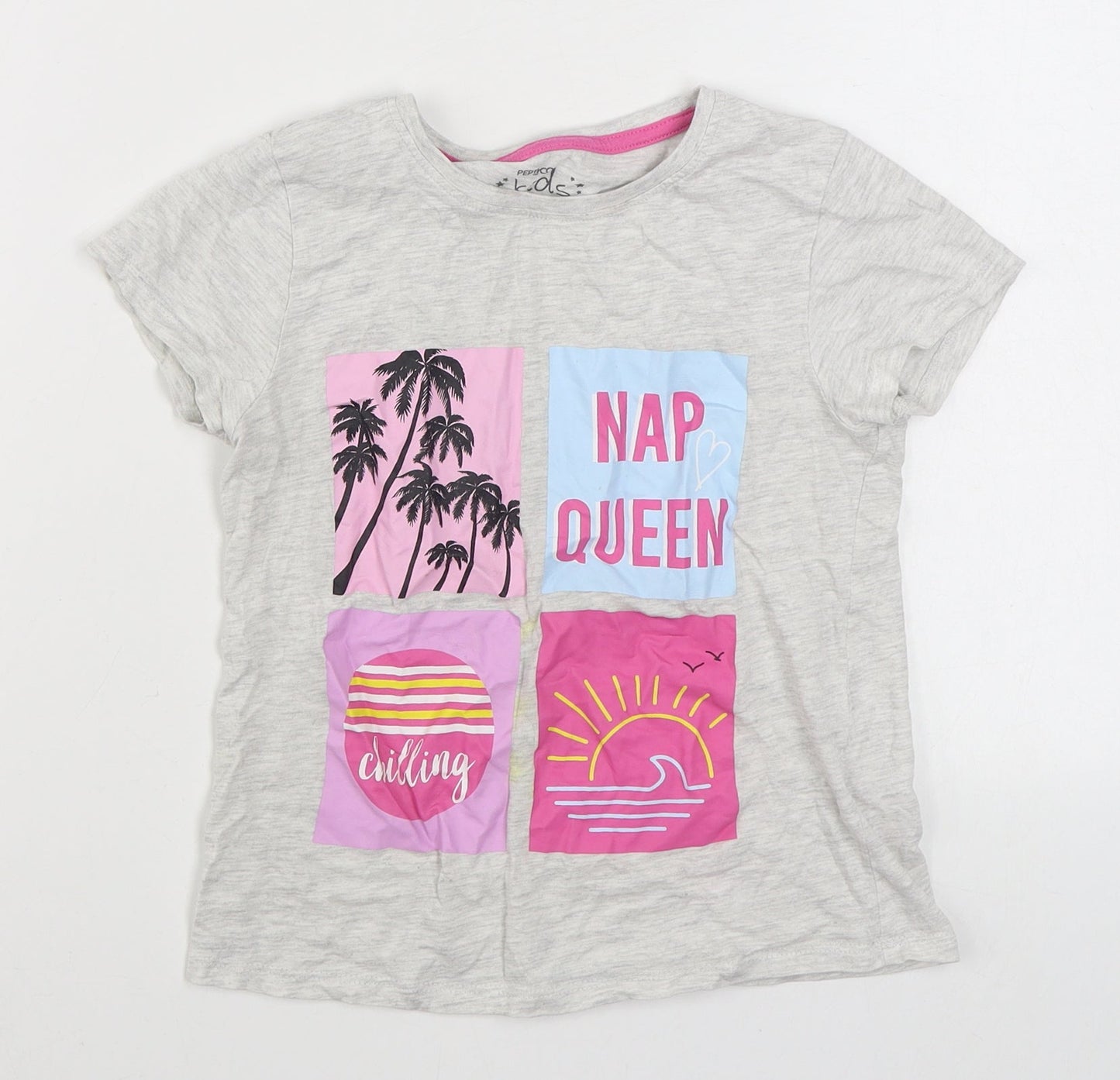 Pep&Co Girls Grey  Cotton Basic T-Shirt Size 7-8 Years Round Neck Pullover