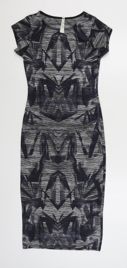 Blue Vanilla Womens Grey Geometric Polyester Bodycon  Size S  Boat Neck Pullover