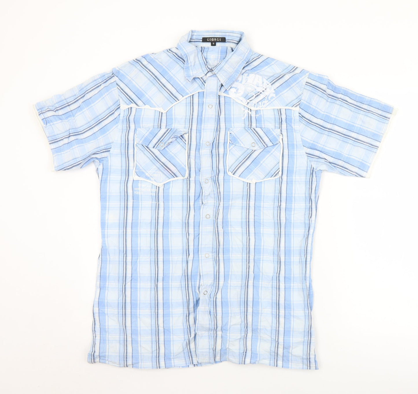 George Mens Blue Plaid Cotton  Button-Up Size M Collared Snap - Shark