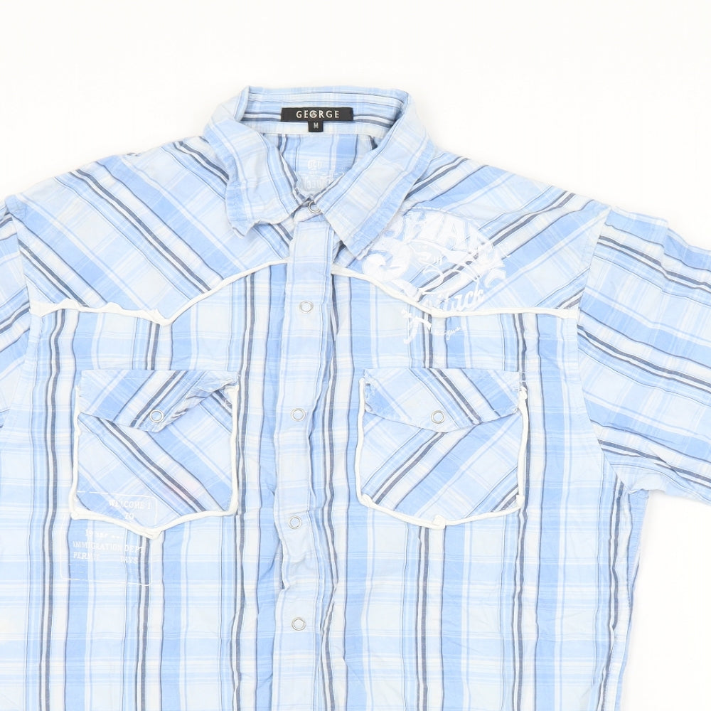George Mens Blue Plaid Cotton  Button-Up Size M Collared Snap - Shark