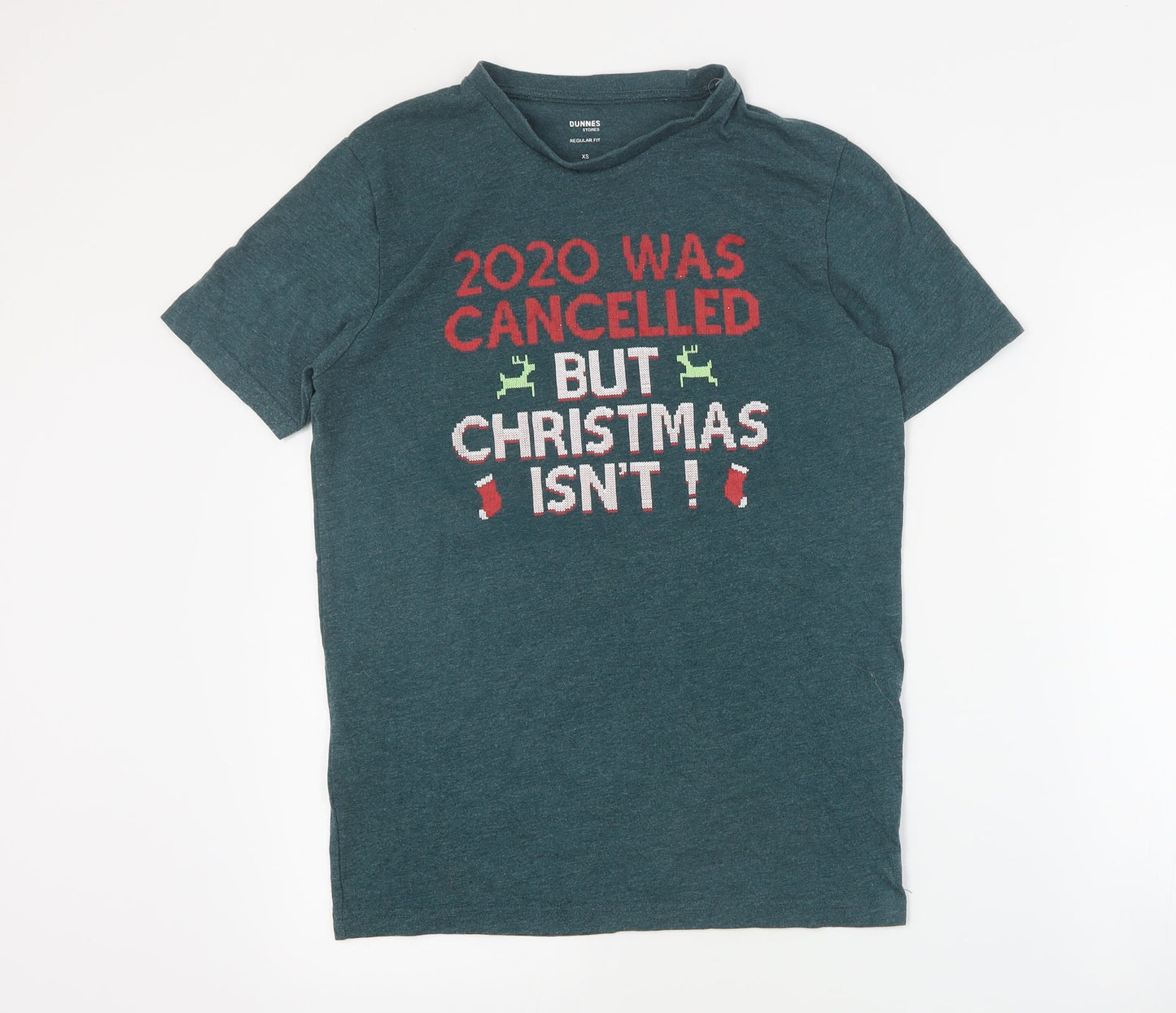 Dunnes Mens Green  Cotton  T-Shirt Size XS Crew Neck  - Christmas