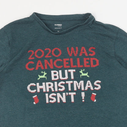 Dunnes Mens Green  Cotton  T-Shirt Size XS Crew Neck  - Christmas