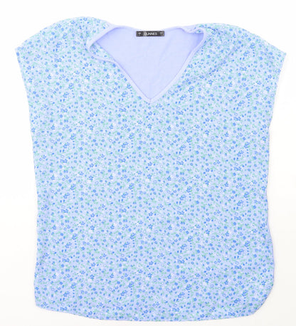 Dunnes Stores Womens Blue Floral Viscose Basic T-Shirt Size S V-Neck