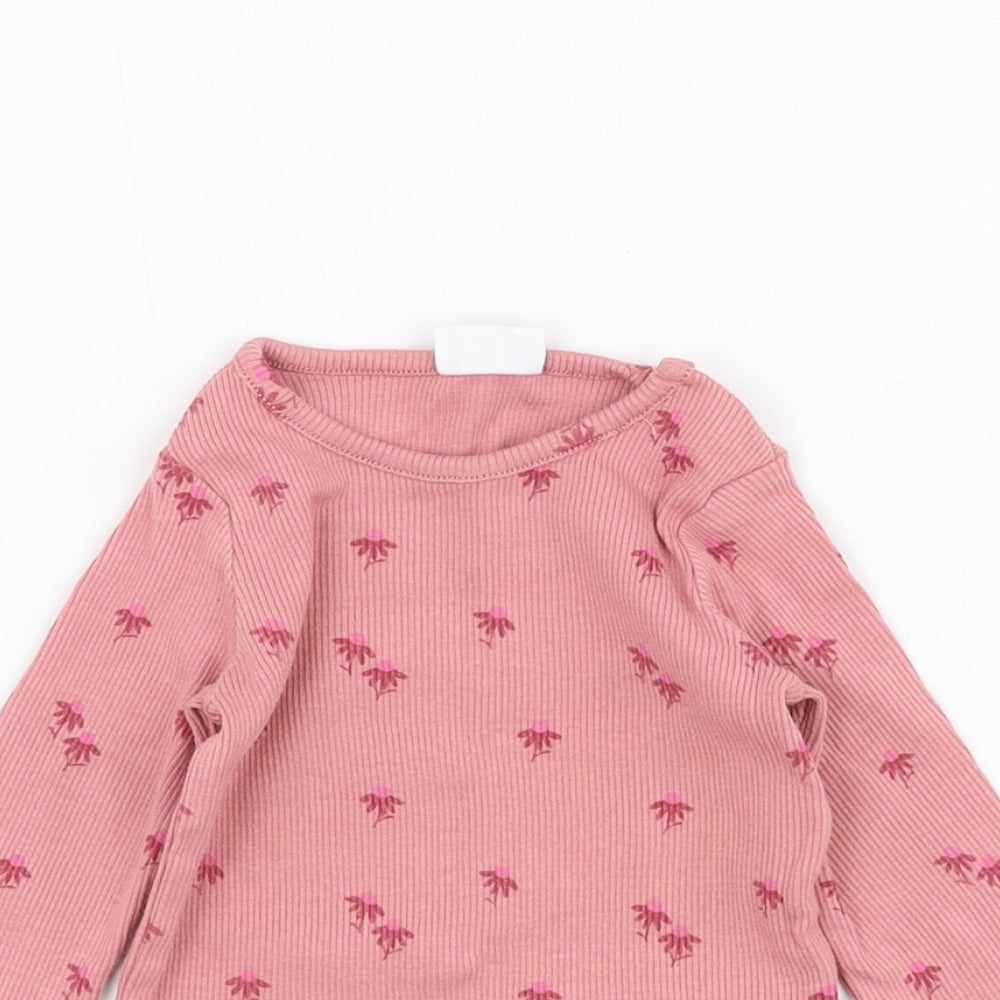 F&F Girls Pink Floral Cotton Basic T-Shirt Size 0-3 Months Round Neck Pullover