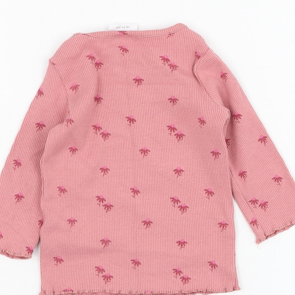 F&F Girls Pink Floral Cotton Basic T-Shirt Size 0-3 Months Round Neck Pullover