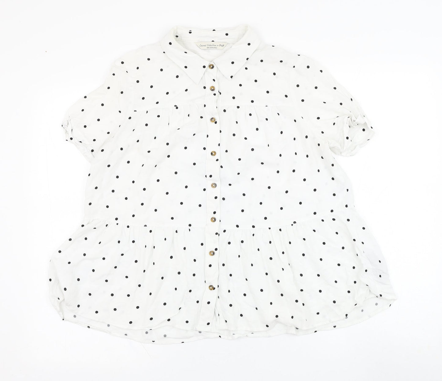 F&F Womens White Polka Dot Viscose Basic Button-Up Size 10 Collared