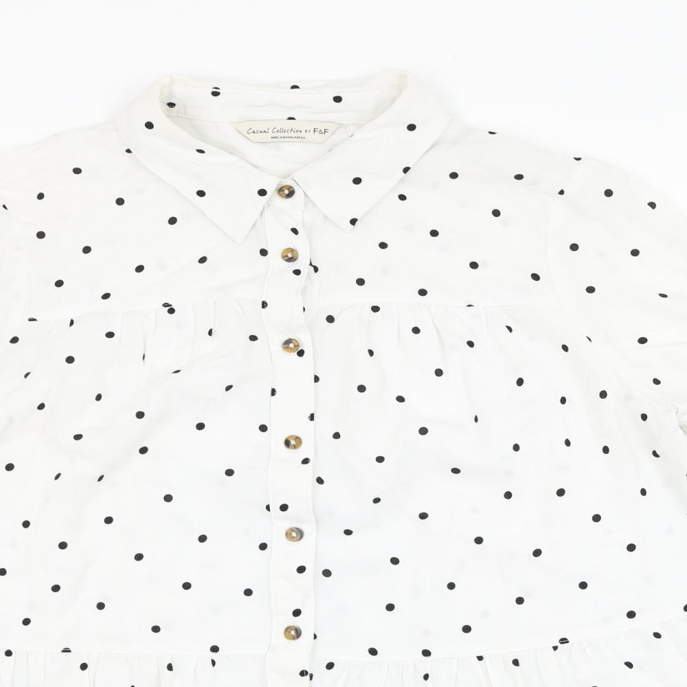 F&F Womens White Polka Dot Viscose Basic Button-Up Size 10 Collared