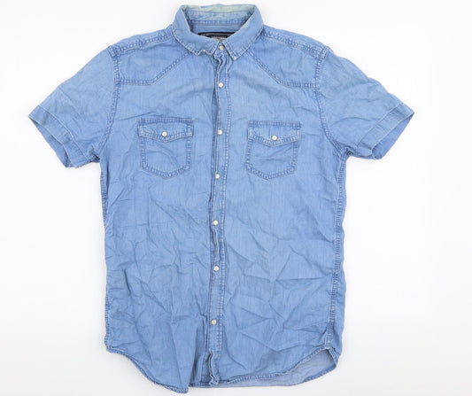 Mens UK Size S Max Blue  Button-Up Short Sleeve Casual Shirt