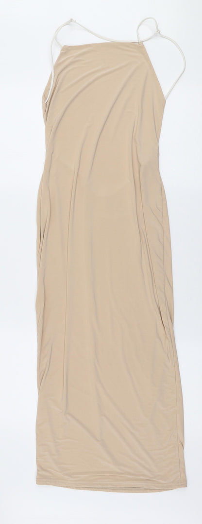Missguided Womens Beige  Polyester Pencil Dress  Size 14  High Neck Pullover