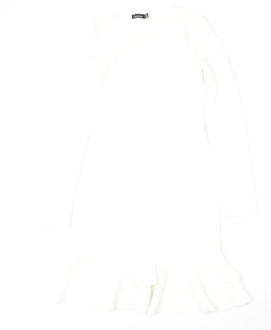 Boohoo Womens White  Polyester Fit & Flare  Size 8  Round Neck