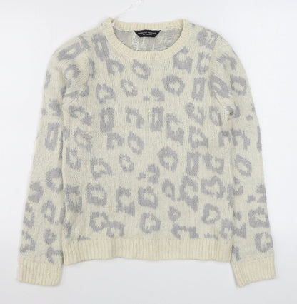 Dorothy Perkins Womens White Round Neck Animal Print Acrylic Pullover Jumper Size 8