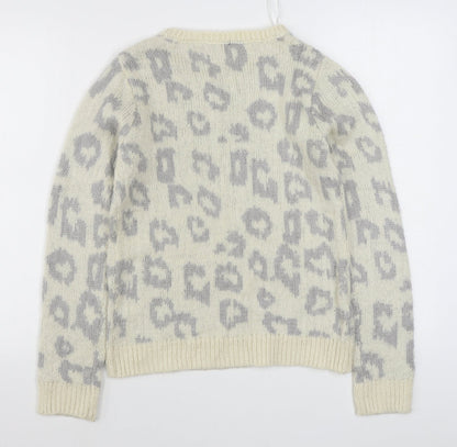 Dorothy Perkins Womens White Round Neck Animal Print Acrylic Pullover Jumper Size 8