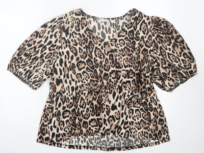 Papaya Womens Brown Animal Print Polyester Wrap Blouse Size 18 V-Neck