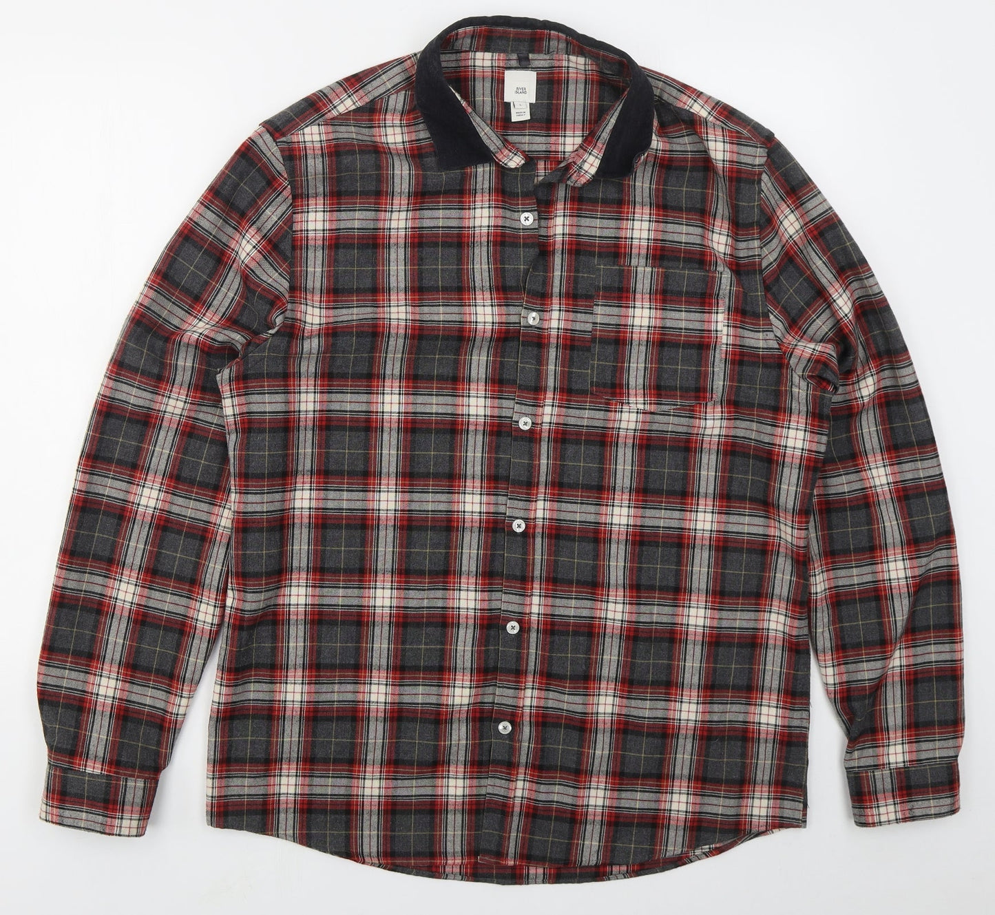 River Island Mens Grey Check Polyester  Button-Up Size L Collared Button - Red