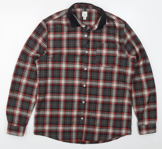 River Island Mens Grey Check Polyester  Button-Up Size L Collared Button - Red