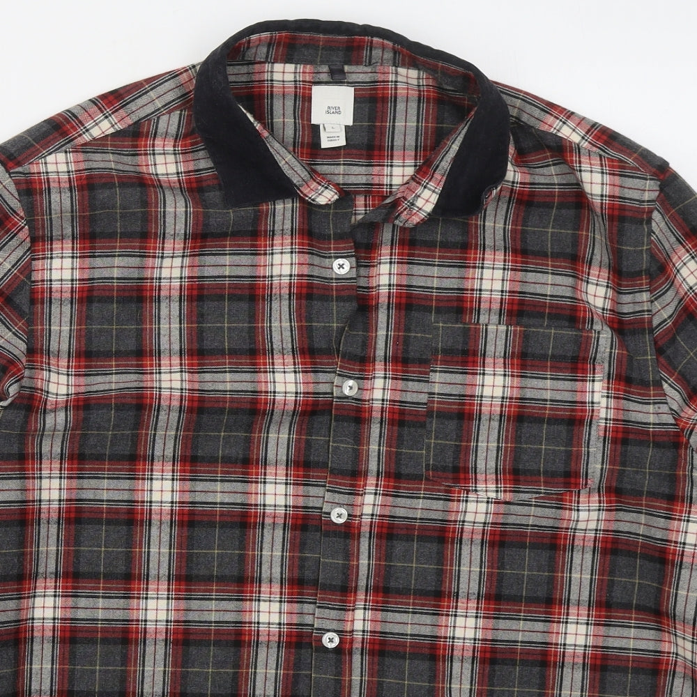 River Island Mens Grey Check Polyester  Button-Up Size L Collared Button - Red