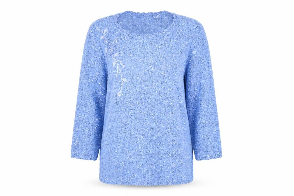 Bonmarché Womens Blue Round Neck Floral Polyester Pullover Jumper Size S