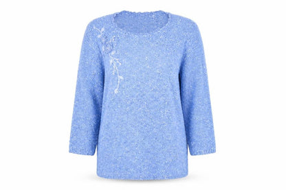 Bonmarché Womens Blue Round Neck Floral Polyester Pullover Jumper Size S
