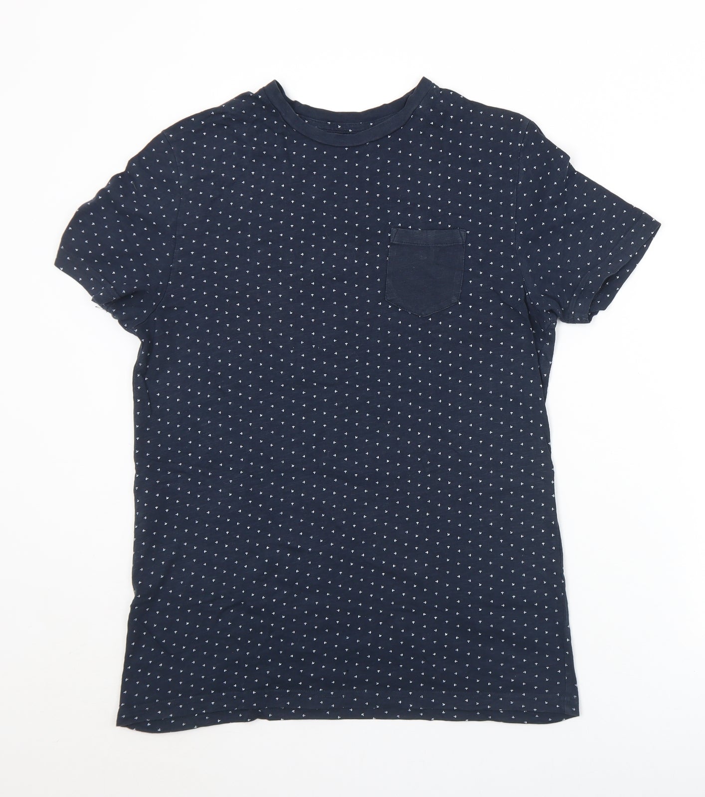 Celio Mens Blue Geometric Polyester  T-Shirt Size S Crew Neck