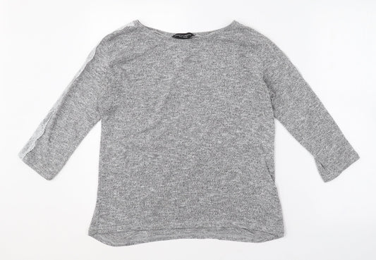Dorothy Perkins Womens Grey  Polyester Basic T-Shirt Size 10 Round Neck - Lace sleeve