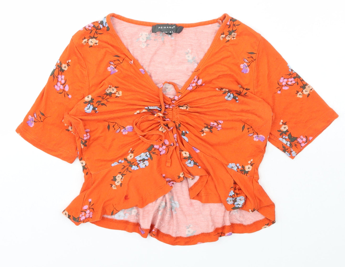 Primark Womens Orange Floral Polyester Basic T-Shirt Size 8 V-Neck