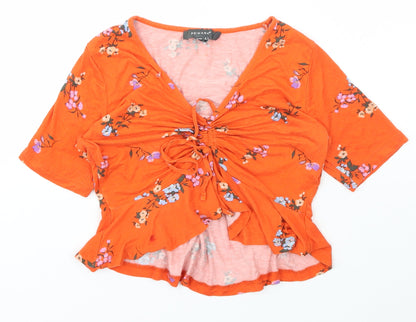 Primark Womens Orange Floral Polyester Basic T-Shirt Size 8 V-Neck