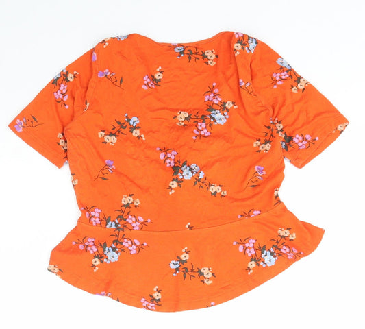 Primark Womens Orange Floral Polyester Basic T-Shirt Size 8 V-Neck