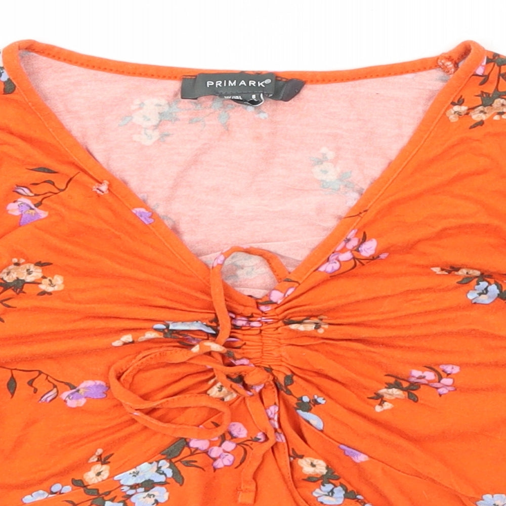 Primark Womens Orange Floral Polyester Basic T-Shirt Size 8 V-Neck
