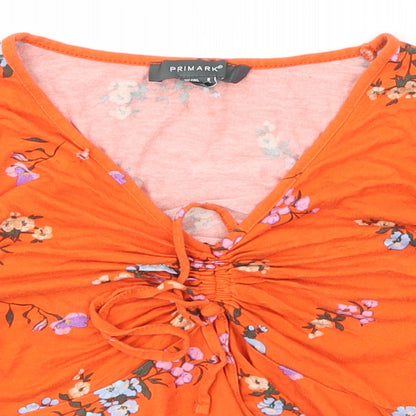 Primark Womens Orange Floral Polyester Basic T-Shirt Size 8 V-Neck