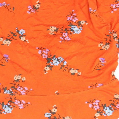 Primark Womens Orange Floral Polyester Basic T-Shirt Size 8 V-Neck